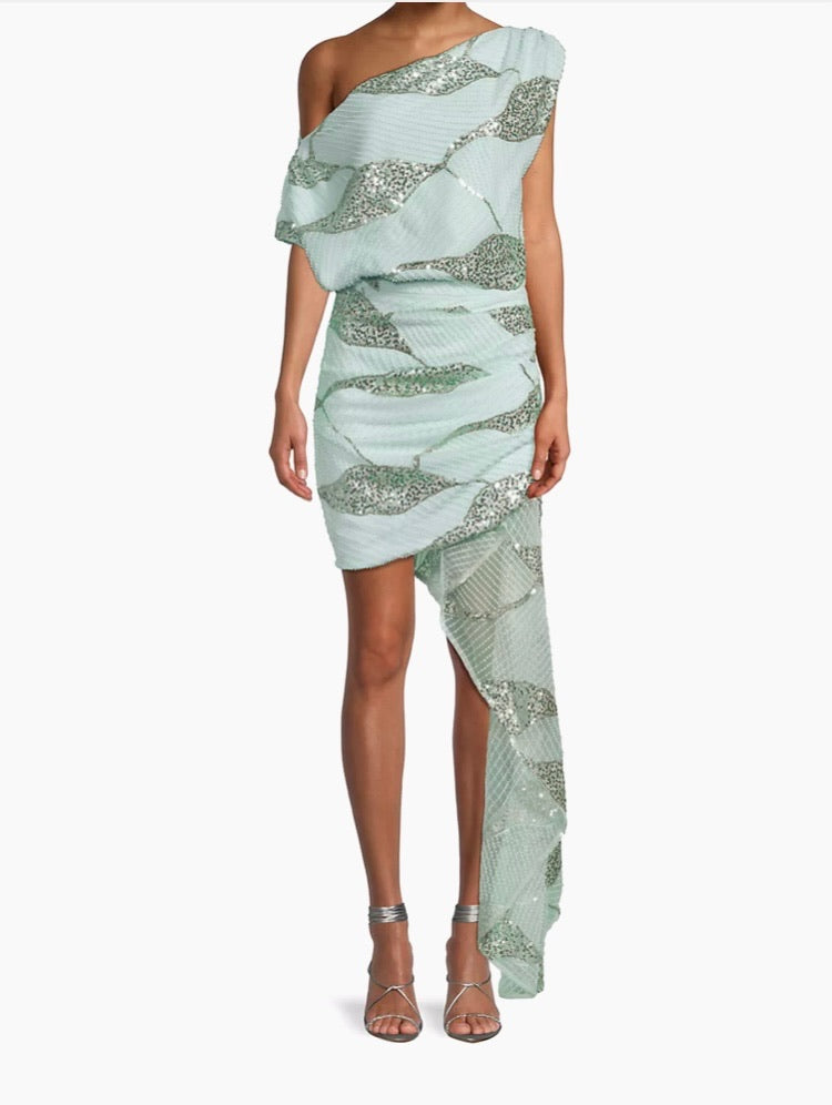 Elliatt Mint Sequined/Beaded One Shoulder Royce Asymmetric Dress NWT- The Saved Collection Elliatt Mint Sequined/Beaded One Shoulder Royce Asymmetric Dress NWT- The Saved Collection