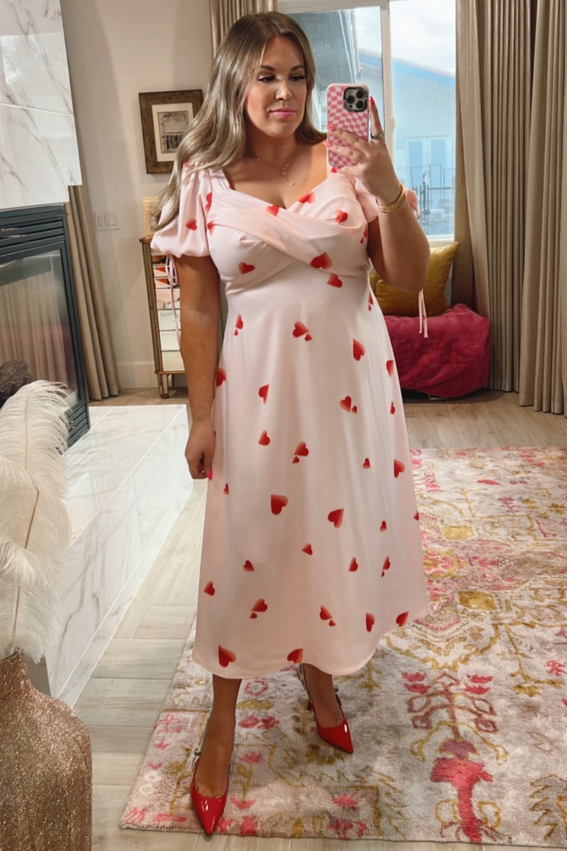 Eloquii Light Pink Satin with Hearts Twist Bodice Puff Sleeve Dress- S –  The Saved Collection