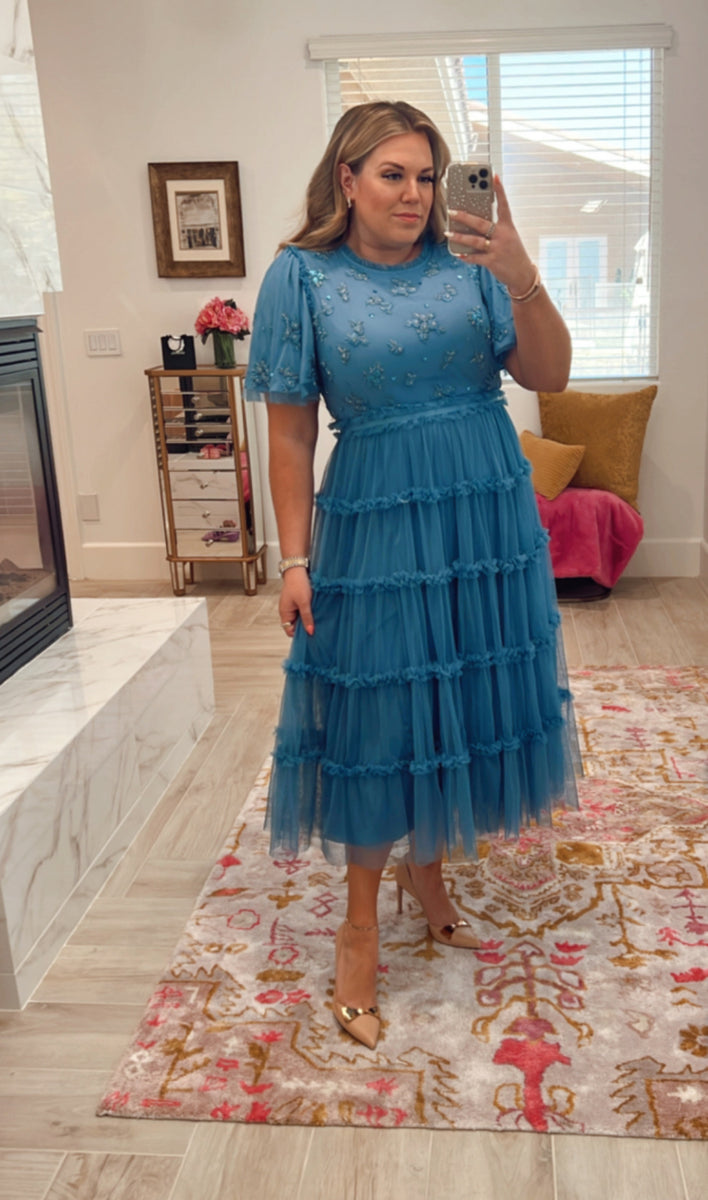 ivy and blue dresses City Co Anastasia Tiered Beaded Embellished Tulle Dress NWT Color:BLUE RIBBON Promo Milly Black Criss Cross Mufasa quarter sleeves