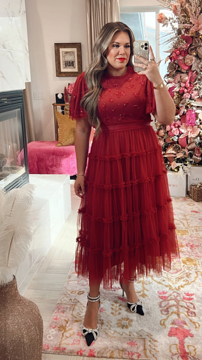 Ivy City Co Red Anastasia Tiered Beaded Embellished Tulle Dress