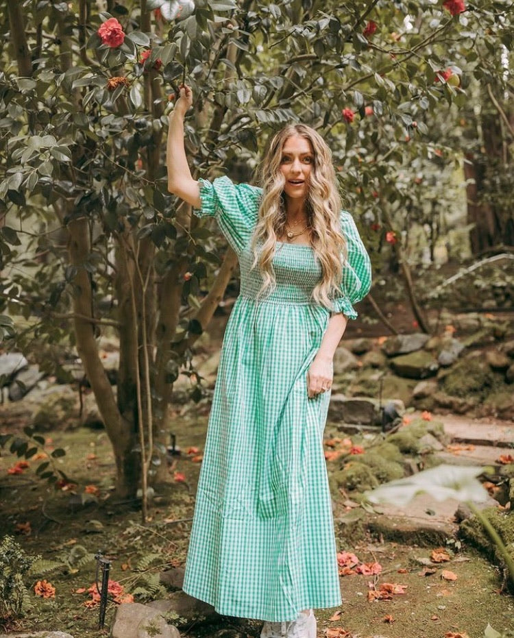 RAHI Green Gingham Smocked Bodice Dress- Size S
