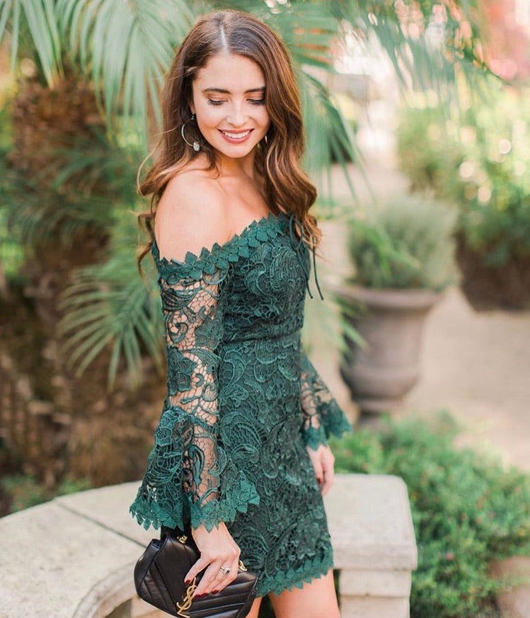 LUXXEL Hunter Green Lace Off the Shoulder Dress with Lace Up Detail- Size S