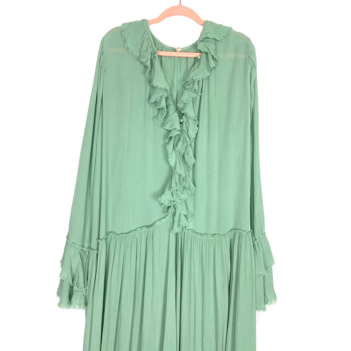 Free People Mint Button Up Ruffle Maxi Dress with Drawstring Sleeves- – The  Saved Collection