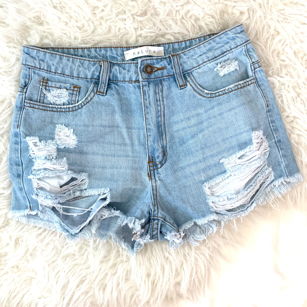 Nature Distressed Light Denim Cut off Shorts- Size M – The Saved