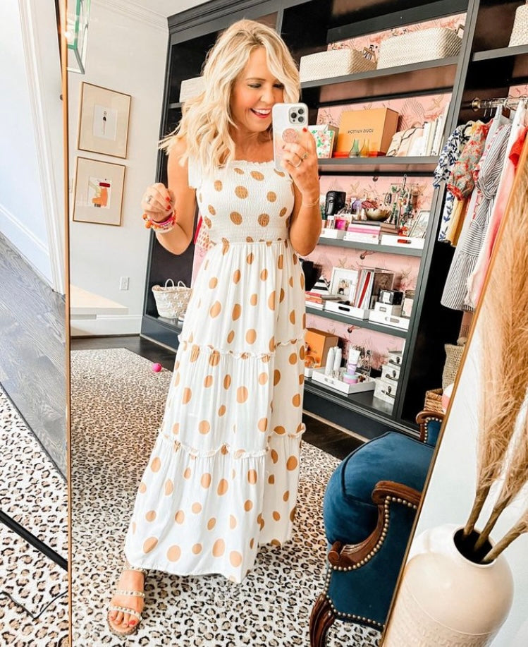 Zesica (Amazon) Ivory with Tan Polka Dots Smocked Bodice Maxi Dress NW The Saved Collection Zesica (Amazon) Ivory with Tan Polka Dots Smocked Bodice Maxi Dress NW The Saved Collection