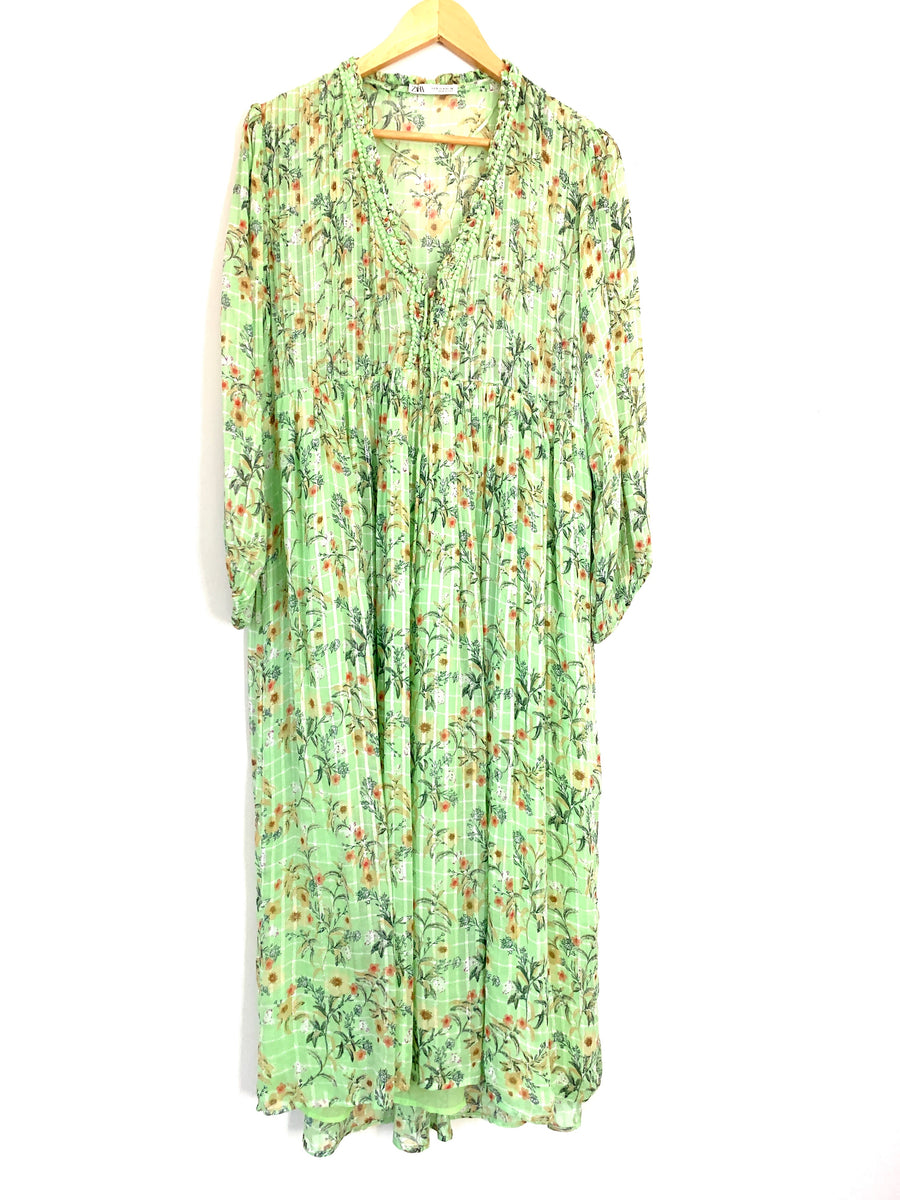 Zara Light Green Floral Maxi Dress with Metallic Details- Size S – The  Saved Collection