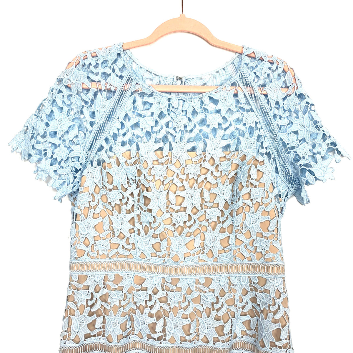 crochet overlay dress eliza j Eliza J Blue/Nude Crochet Lace Overlay Dress- Size 14  The Saved Collection
