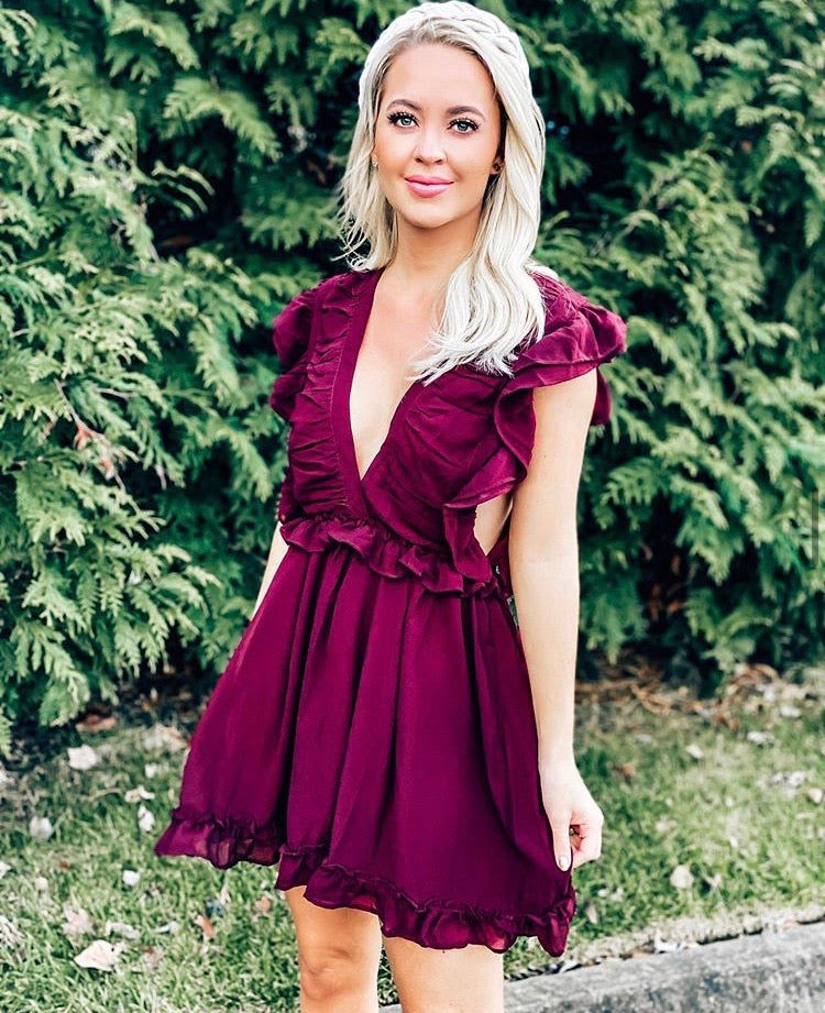 Storia Maroon Ruffle Deep V Dress with Exposed Tie Back NWT- Size S