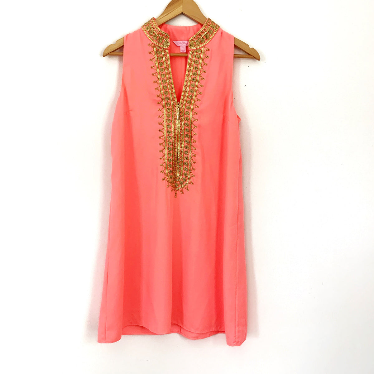 Lilly Pulitzer Hot Pink Mock Neck Gold Embroidery Shift Dress- Size 0  The  Saved Collection