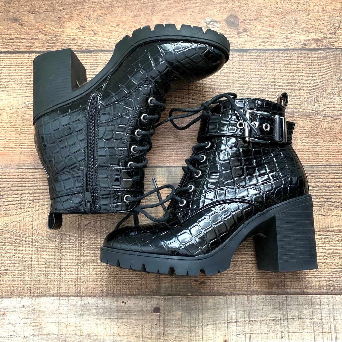 Topshop Black Shiny Lace Up Buckle Croc Heel Boots- Size 39 – The