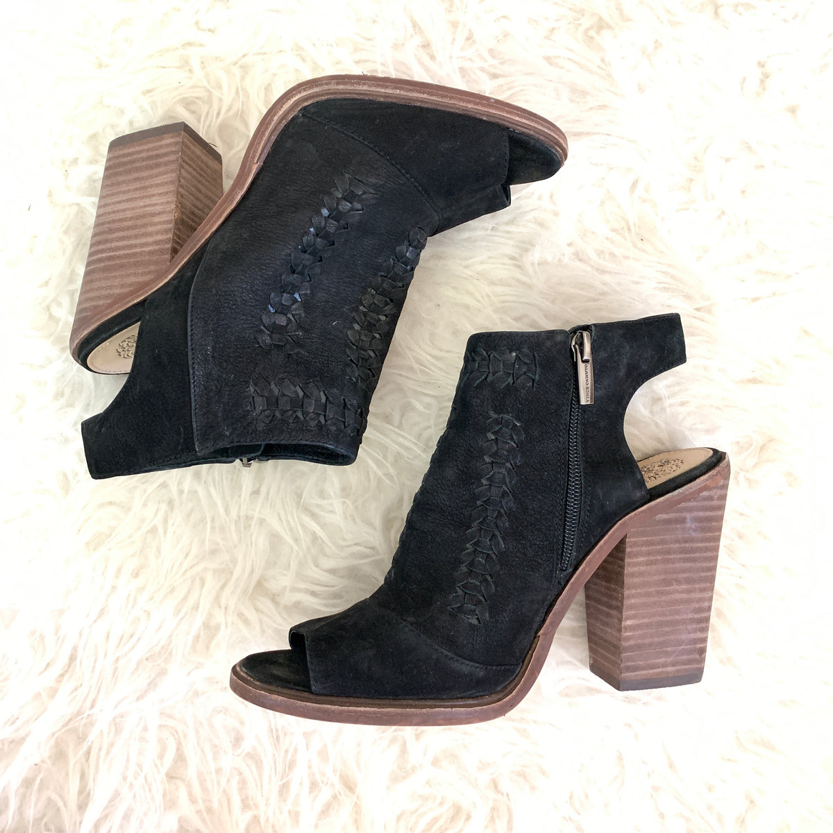 Vince camuto suede peep clearance toe booties