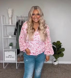 BTFBM Pink/Blue/Olive Floral Print  with Sheer Sleeves Top NWT- Size L