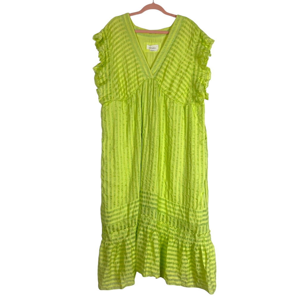 By Anthropologie Lime Green/Yellow Striped Ruffle Sleeve V-Neck Dress- The Saved Collection By Anthropologie Lime Green/Yellow Striped Ruffle Sleeve V-Neck Dress- The Saved Collection