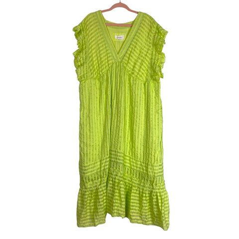 By Anthropologie Lime Green/Yellow Striped Ruffle Sleeve V-Neck Dress- Size XL