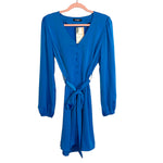 BTFBM Blue Satin with Faux Buttons and Tie Belt Dress NWT- Size L