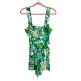 Dress Forum Green Tropical Print Linen with Tie Belt Front Button Romper NWT- Size S (sold out online)