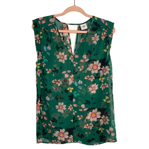 Cabi Green with Floral Pattern Sheer V-Neck with Back Cut Out Top- Size S