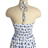 Grace Karin White/Blue Floral Halter/Strapless with Removable Strap Smocked Dress- Size S