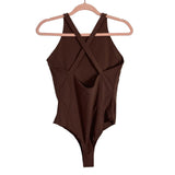 Meshki Brown Criss Cross Back Thong Bodysuit- Size L