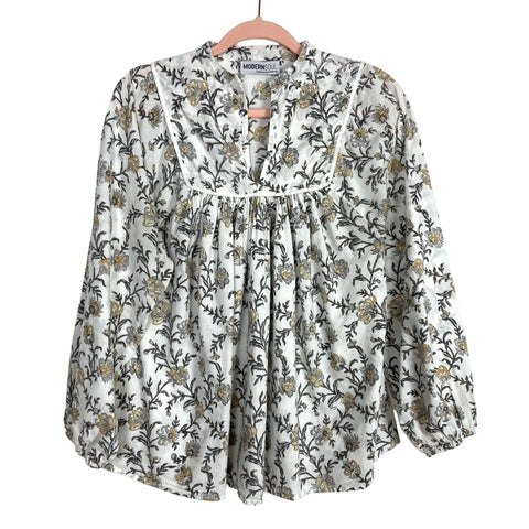 Modern Soul White with Gray/Tan Floral Print V-Neck Top- Size 6 (see notes)