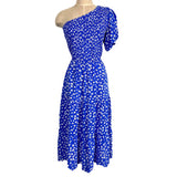 Fashion Blue and White Floral Smocked Bodice One Shoulder Dress- Size L