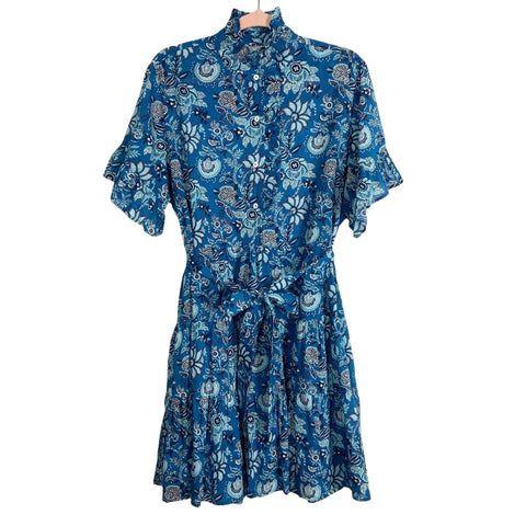 Mille Blue/Light Blue Floral Pattern Ruffle High Neck with Front Buttons and Tie Belt Dress- Size XL