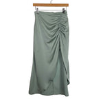 HYFVE Light Sage Wool Blend Satin with Side Ruching and Asymmetrical Hem Skirt- Size S (see notes, sold out online)