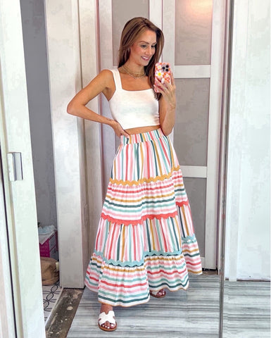 AURA Multi-Color Stripes with Ric Rac Tiered Maxi Skirt NWT- Size XS (sold out online)