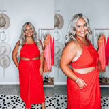 Deep Self Red Linen Blend with Side and Back Cut Out Halter Dress NWT- Size L