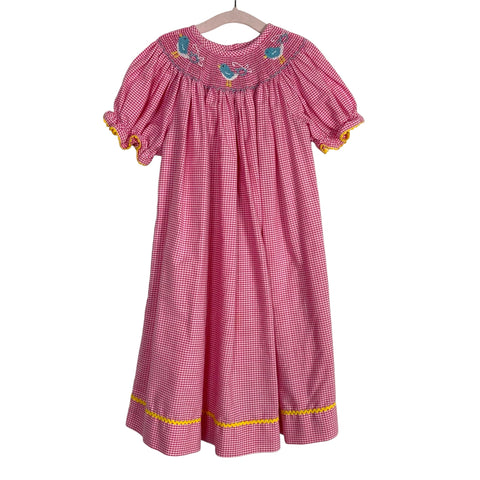 Southern Sunshine Kids Pink Gingham with Yellow Ric Rac Trim Blue Bird Smocked Dress- Size 3