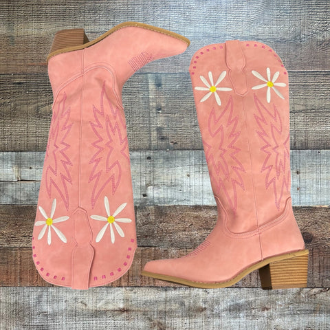 Pink Lily x Krista Horton Pink Embroidered Flower Cowgirl Boots- Size 8 (BRAND NEW, sold out online!)