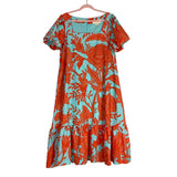 Mestiza Blue/Orange Floral Print Linen Blend Square Neckline Puff Sleeves Dress- Size XL (see notes)