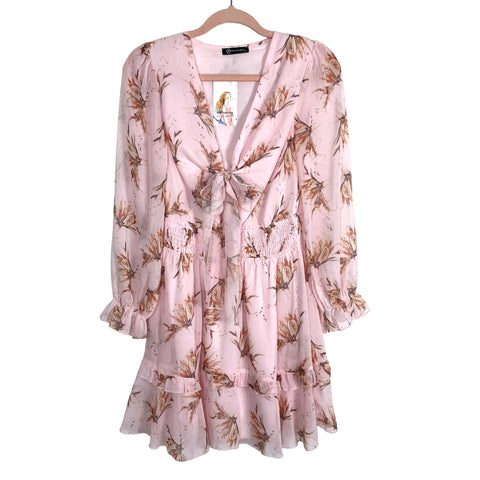 Pretty Garden Light Pink Floral Smocked Waist Sheer Sleeve Dress NWT- Size S