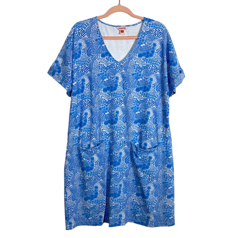 Persifor Blue/White Floral Print V-Neck Dress- Size XL