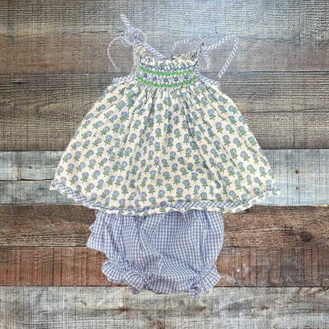 Shrimp & Grits Kids Blue Floral Smocked Tie Strap Top and Gingham Ruffle Butt Bloomers Set- Size 3T (sold as a set)