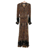 Hemant & Nandita Printed Gold and Silver Metallic Striped Button Front Belted Dress- Size M (see notes)