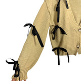 No Brand Tan Sweater Cardigan with Black Ribbon Bows- Size S