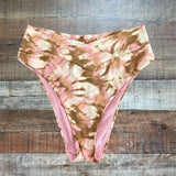 Aerie High Cut Cheeky White/Pink/Brown Cross Waist Swim Bottoms - Size M