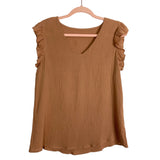 No Brand (Jane Fashion) Camel Gauze V-Neck with Ruffle Sleeves Top- Size S