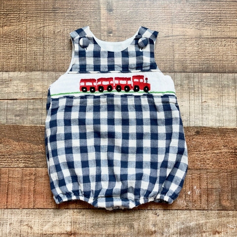 The Smocking Place Navy/White Checked Smocked Train Bubble- Size 6M