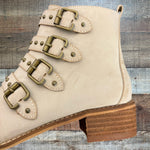 Beast Fashion Cream Distressed Studded Belted Booties- Size 7.5 (see notes)