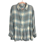 American Eagle Blue Plaid Button Up Flannel Peplum Top- Size M