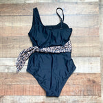 No Brand Black Animal Print Belted Side Cutout Padded One Piece- Size M