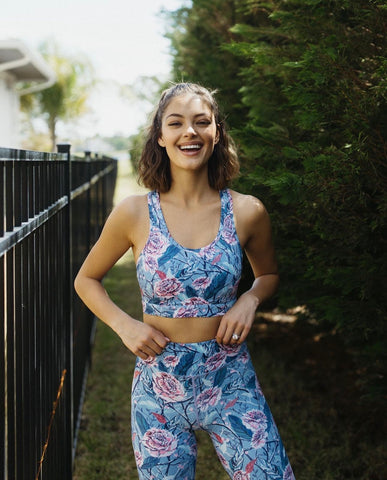 Fitphyt Blue/Pink Floral Print Padded Sports Bra- Size S (we have matching leggings)