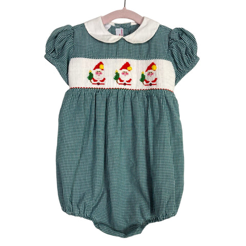 Silly Goose Green Gingham Santa Smocked Bubble- Size 12M (see notes)