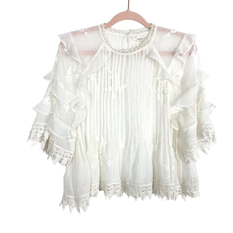 Tularosa Off White Pleated Sheer Embroidered Ruffle Sleeve Crochet Trim Top- Size S