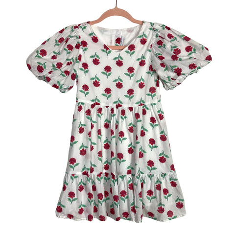 Janie and Jack White with Red Flowers Puff Sleeves Tiered Dress- Size 8