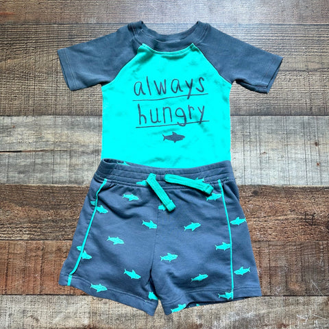 Okie Dokie Always Hungry Onesie and Shark Shorts Set- Size 9M  (sold as a set)