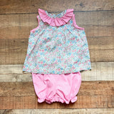Mint Magnolia Floral Print with Pink Ruffle Collar Top and Pink Shorts/Bloomers Set- Size 3T (sold as a set)