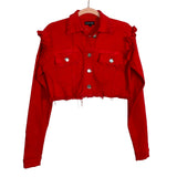 Pretty Little Thing Red Denim Ruffle Raw Hem Cropped Jacket- Size 6 (see notes, sold out online, we have matching skirt)